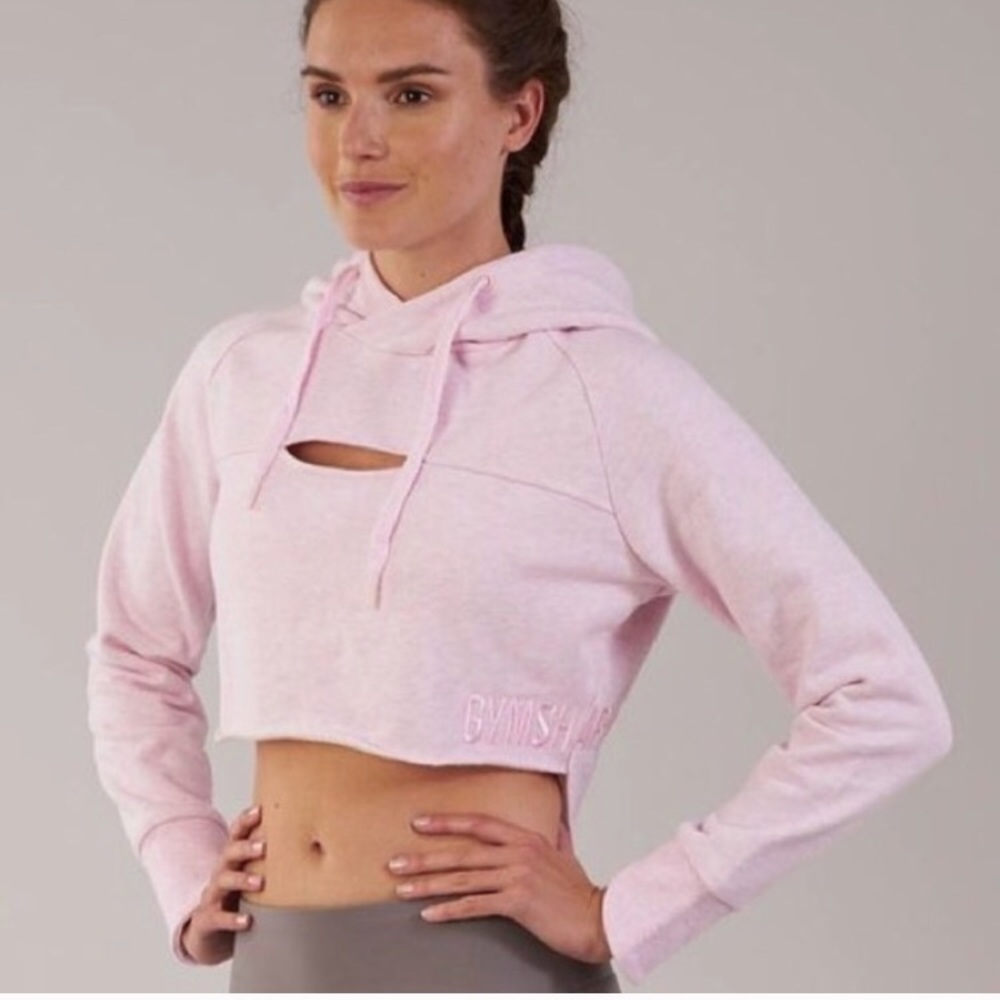 GYMSHARK Cropped Raw Edge Hoodie in Chalk Pink XS